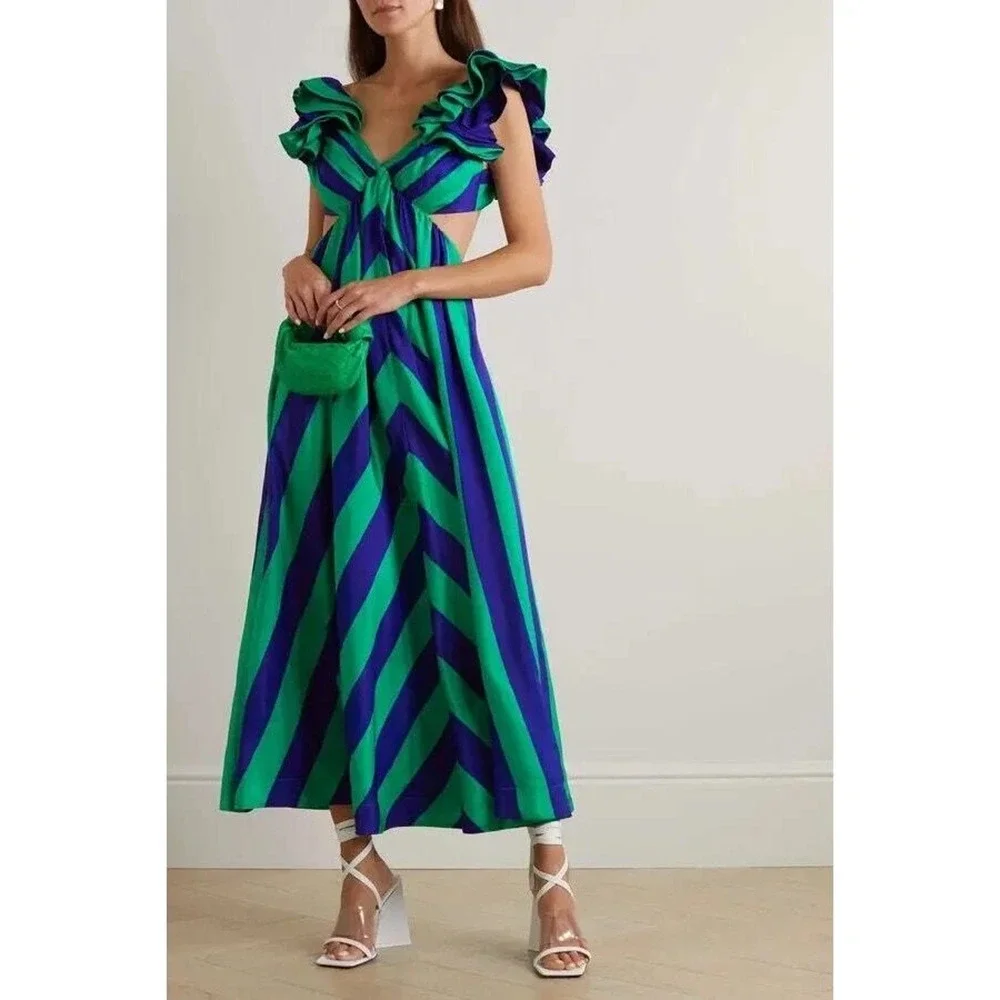 Zimmermann Tiggy Silk Striped Frill Shoulder A-Line Maxi Dress Green Blue 1 / S - Picture 2 of 6